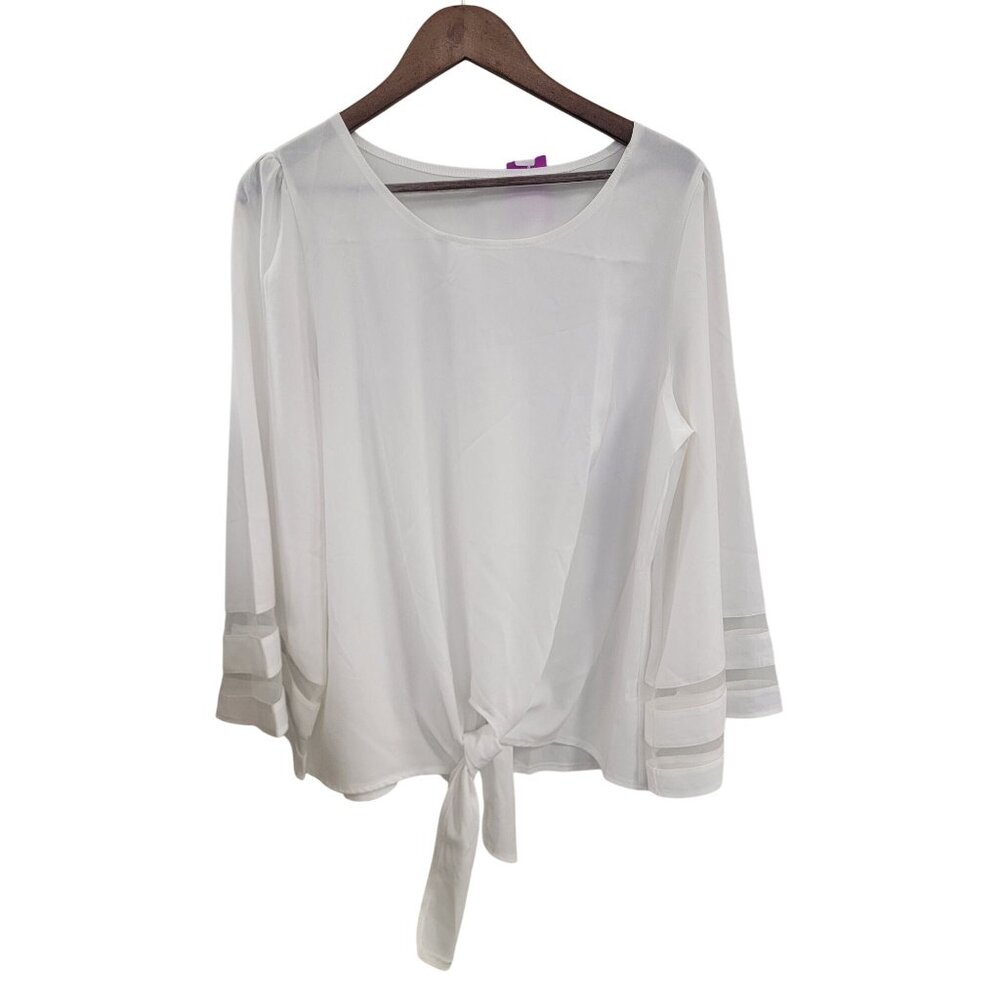 Womens White Tie-Front Blouse With Sheer Sleeve Accents & Scoop Neck